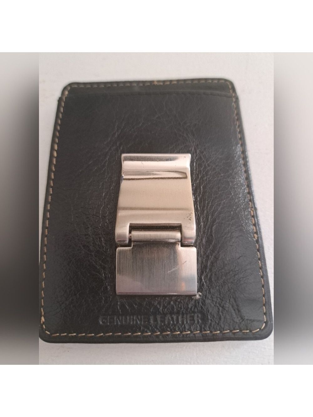 PERRY ELLIS AMERICA Black Leather front slim pocket heavy money clip minimalist